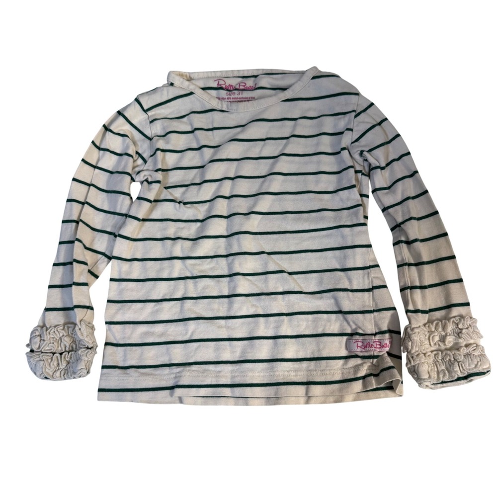 Ruffle Butts Girls Long Sleeve Striped Green Cream Basic T Shirt Long Sleeve 3T